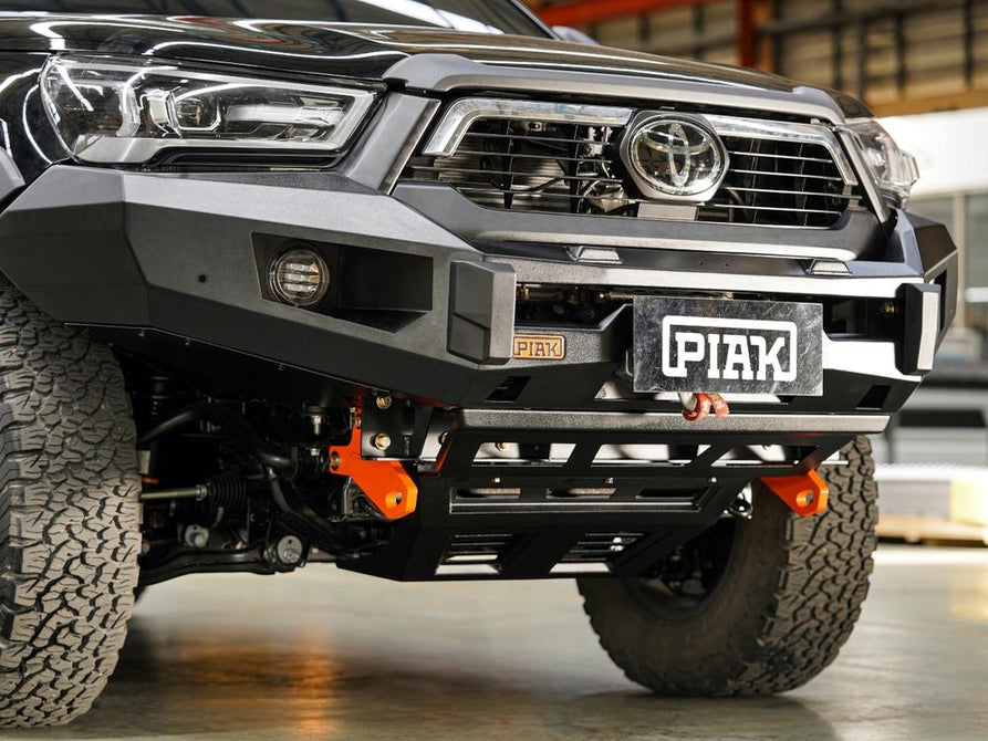 PIAK Elite Non Loop Bull Bar Orange Recovery Points Black Bash Plate for Toyota Hilux 2020 to 2024