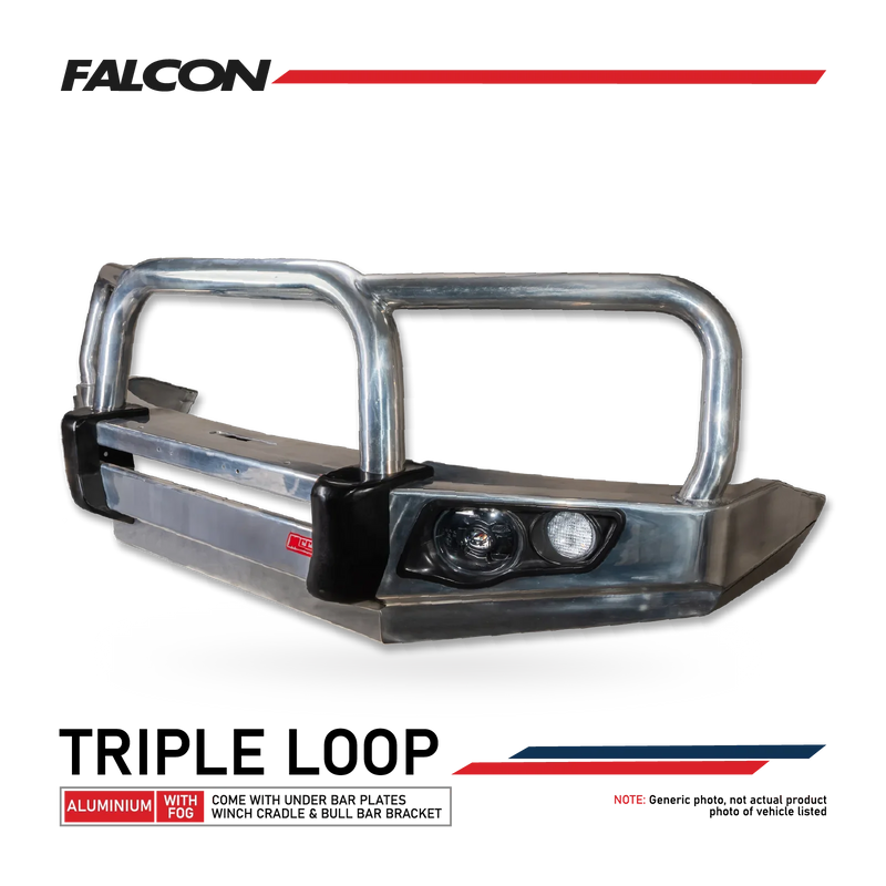 Land Cruiser 70s Series 2024-On - 707-01A Alloy Falcon Bull Bar Triple Loops Package (LED Foglight) - SKU MCC-01024-701AW