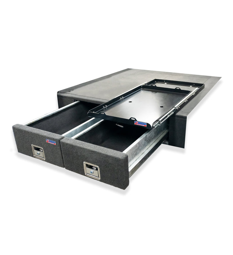 New Ranger 2022-On - 4402 Galvanised Steel Carpet Dual Drawer System with Medium Fridge Slide Package - SKU MCC-05010-4402M