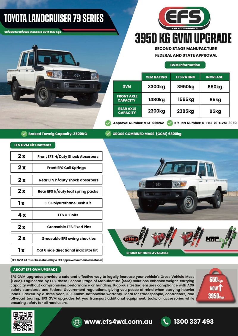 EFS 3950kg GVM Upgrade - Suits Toyota Landcruiser 79 Series (Single & Dual Cab, 08/2012 to 08/2022)