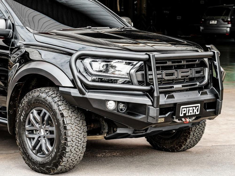 Close-up view of the PIAK Elite 3-Loop Bull Bar for Ford Ranger Raptor PX MKIII, showing the high-strength steel construction and integrated recovery points