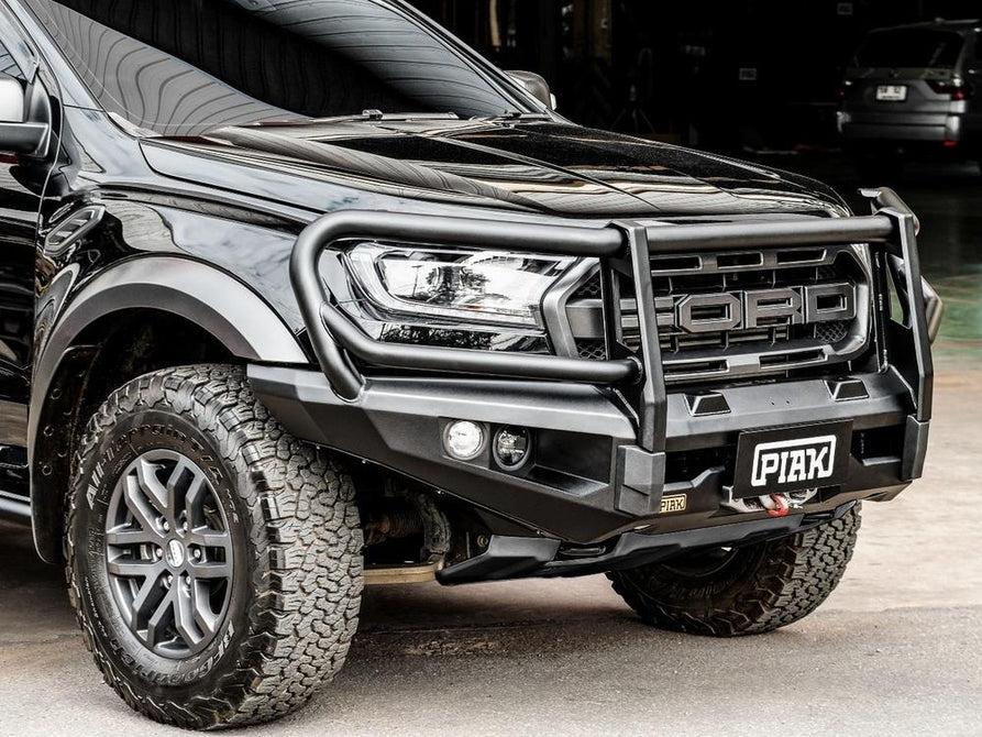 Close-up view of the PIAK Elite 3-Loop Bull Bar for Ford Ranger Raptor PX MKIII, showing the high-strength steel construction and integrated recovery points