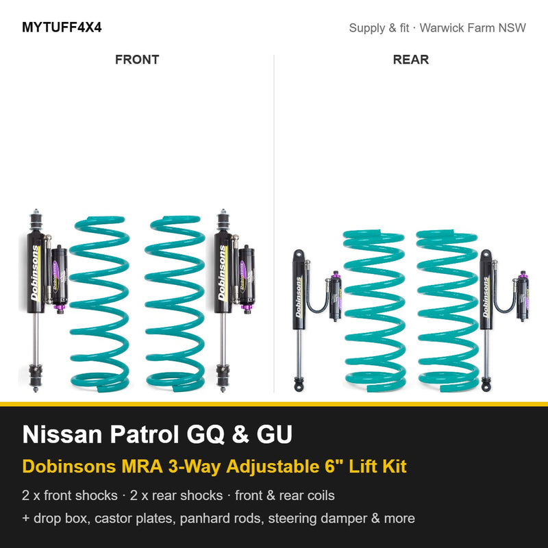 Dobinsons MRA 3-way adjustable 6 inch lift kit Suitable For Nissan Patrol GQ and GU - shocks, coil springs, drop box, castor plates, panhard rods and more
