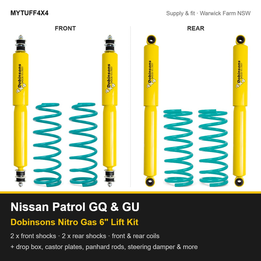 Dobinsons Nitro Gas 6 inch lift kit Suitable For Nissan Patrol GQ and GU - shocks, coil springs, drop box, castor plates, panhard rods and more