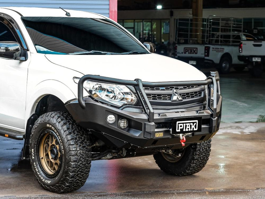 Close-up of black recovery points and bash plate on PIAK Elite Loop Bar