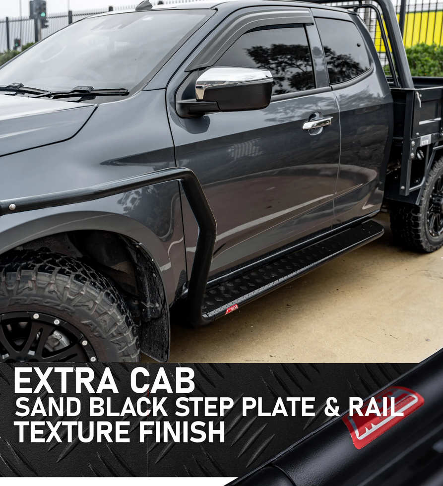 Dmax RT 2012-2019 039SBSR Extra Cab Side Step and Rail Package (Sand Black) (50mm Bull Bar)
