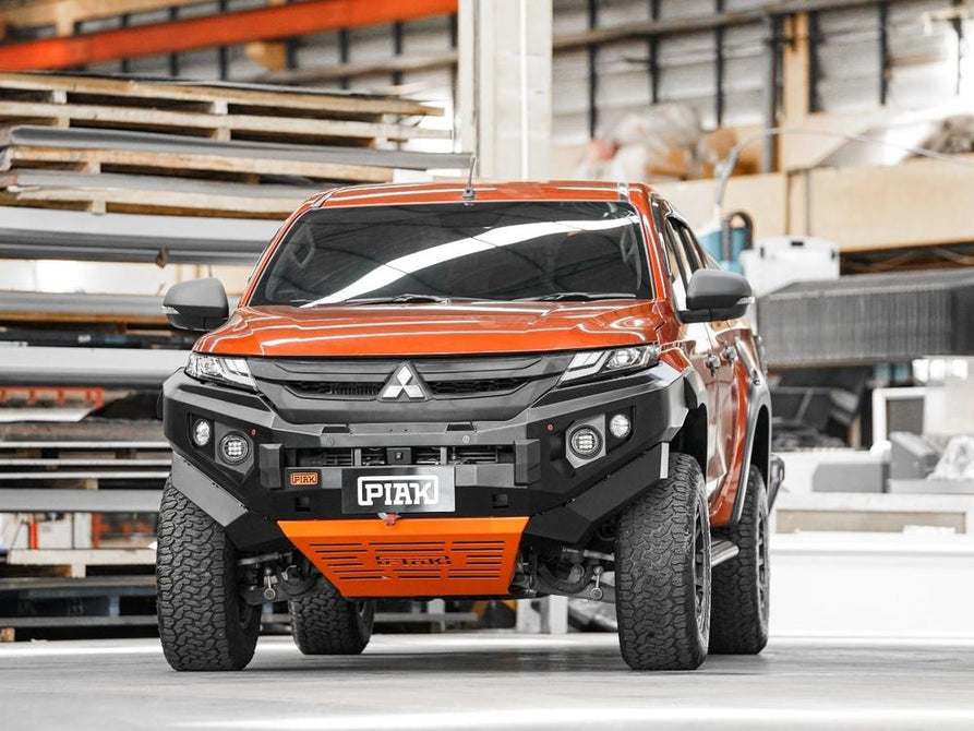 PIAK Elite Non Loop Bull Bar Black Recovery Points Orange Bash Plate for Mitsubishi Triton 2018 to 2023