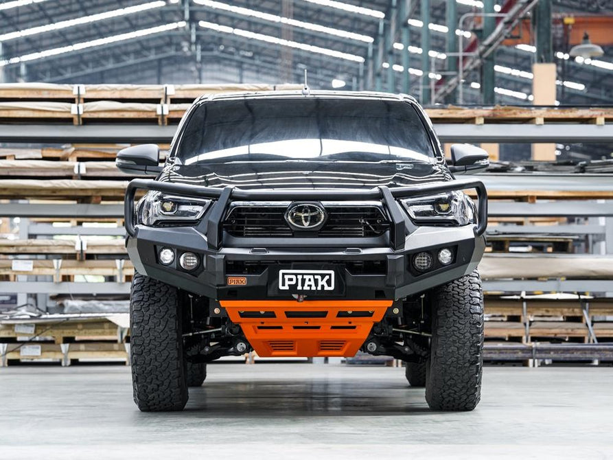 PIAK Elite 3-Loop Bull Bar suitable for Toyota Hilux (2020-2024) | Black Recovery Points & Orange Bash Plate