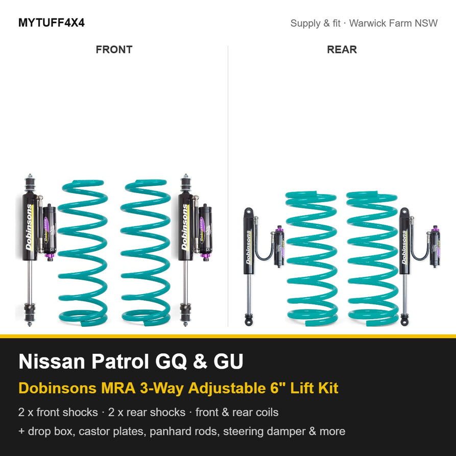 Dobinsons MRA 3-way adjustable 6 inch lift kit Suitable For Nissan Patrol GQ and GU - shocks, coil springs, drop box, castor plates, panhard rods and more