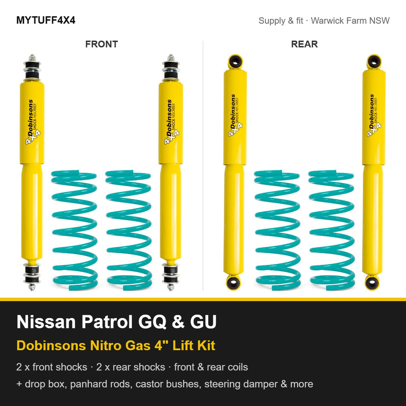 Dobinsons Nitro Gas 4 inch lift kit Suitable For Nissan Patrol GQ and GU - shocks, coil springs, drop box, panhard rods and more