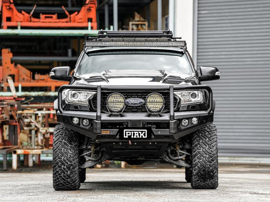 Front view of PIAK Elite Bull Bar on Ford Ranger 2015-2018 with black recovery points