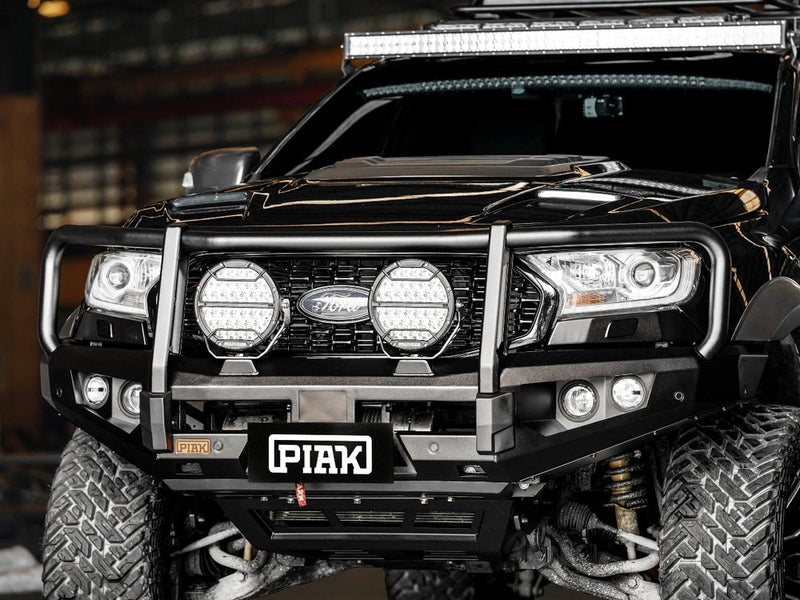 PIAK Elite 3-Loop Bull Bar for Ford Ranger 2015-2018 with black recovery points and black bash plate