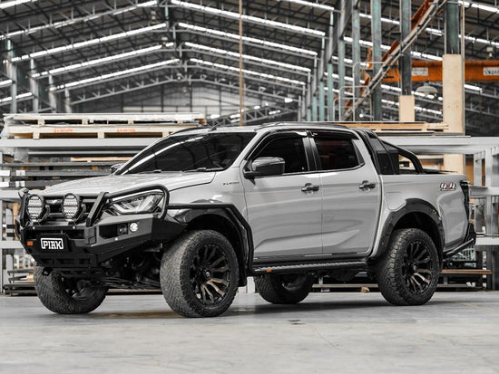 Left side view of the Elite 3 Loop Bull Bar for Isuzu D-Max, showcasing black recovery points and underbody protection