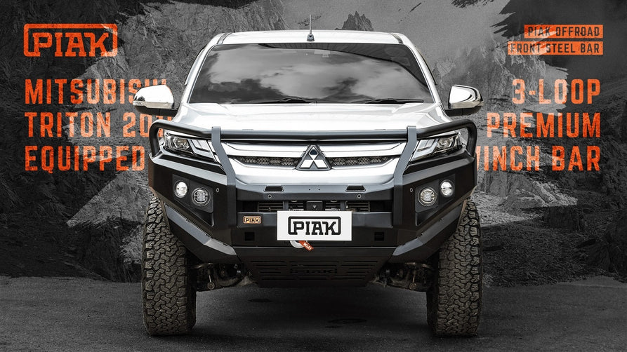 Front view of the PIAK Elite 3-Loop Winch Bull Bar for Mitsubishi Triton, showcasing the sleek design and black recovery points.